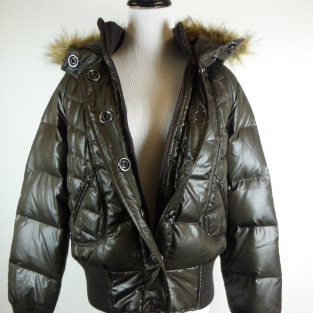 DKNY DONNA KARAN brown PUFFER Down hoodie JACKET faux fur zip S
